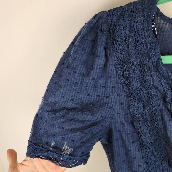 Lulus Navy Blue Swiss Dot Ruffle Lace Trim Short Sleeve Mini Dress sz S - Picture 6 of 11